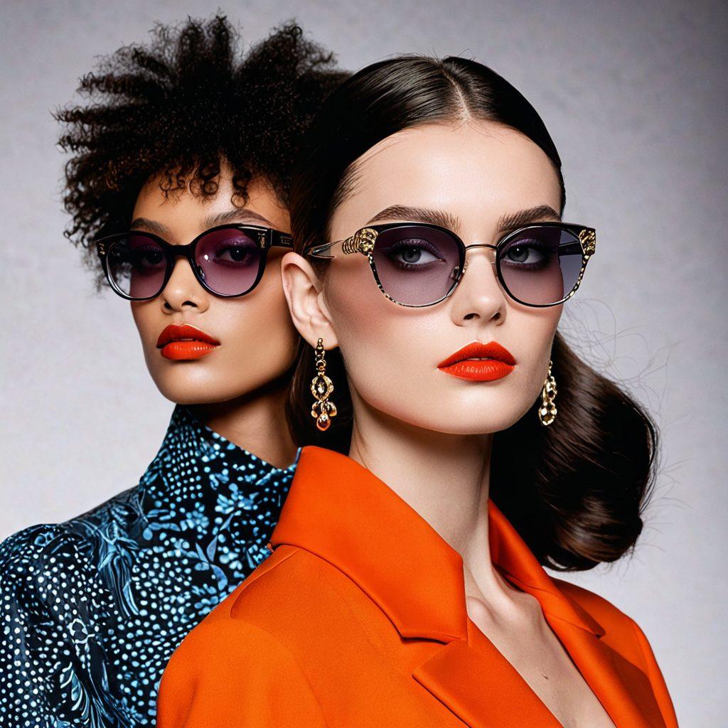 A striking visual showcasing two contrasting styles of eyewear: a vintage pair with ornate details on one side and a futuristic avant-garde pair with bold shapes on the other. The background features a stylish runway sprinkled with fashion sketches and fabric swatches, symbolizing the evolution of eyewear in fashion. The setting should convey sophistication and creativity, with a spotlight illuminating the eyewear. vibrant colors. fashion illustration.