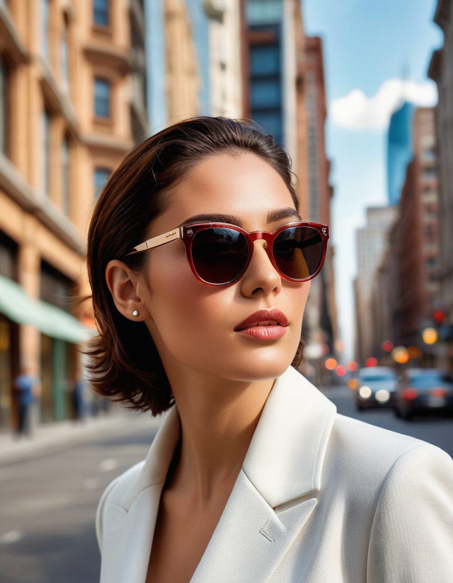 A stylish model wearing luxurious Cazal designer eyewear, set against a chic urban backdrop. The sunglasses reflect a dazzling city skyline, emphasizing sophistication and elegance. Soft, flattering lighting enhances the textures of the eyewear, while vibrant accents of color in the surroundings echo the brand’s unique aesthetic. The scene conveys a sense of high fashion and confidence. super-realistic. vibrant colors. urban setting.